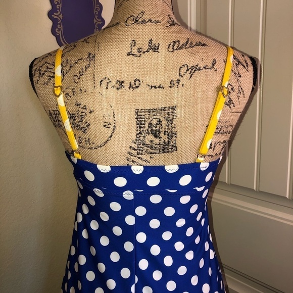 Rare Betsey Johnson Swim Dress/ Coverup in Blue White & Yellow Polka Dot Sz S - Picture 7 of 8